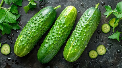Cucumbers on a dark surface with water drops. - obrazy, fototapety, plakaty