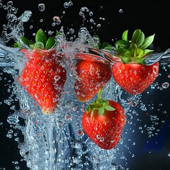 Three strawberries are being dipped into water. - obrazy, fototapety, plakaty