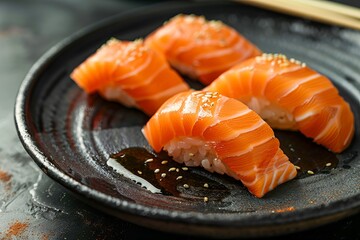 A plate of salmon sushi with sesame seeds. - obrazy, fototapety, plakaty