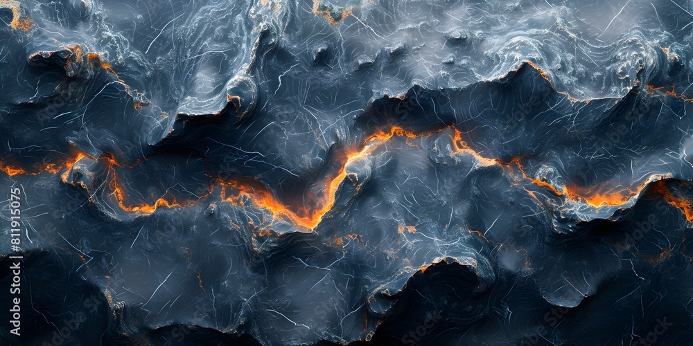 Poster Black Marble Textured Background with Fiery Molten Flows and Dramatic Moody Swirls of Contrasting Energy
