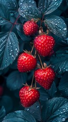 A close up of strawberries with water droplets on them. - obrazy, fototapety, plakaty