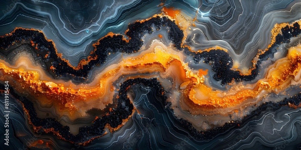 Poster captivating marble texture with vibrant orange and black swirling patterns showcasing the intricacie