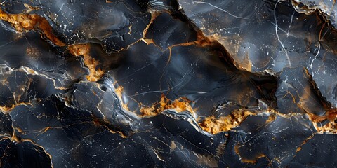 Exquisite Black Marble Textured Abstract Background with Golden Fractal Accents for Premium Design