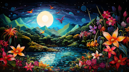 illustration of flowers moon lakeside scene in the expressionistic bold lines background poster decorative painting 