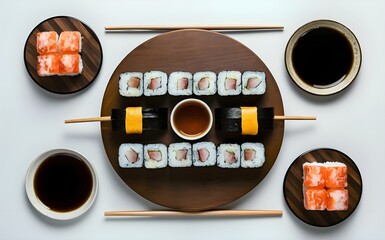 Sushi platter with soy sauce isolated clean white background