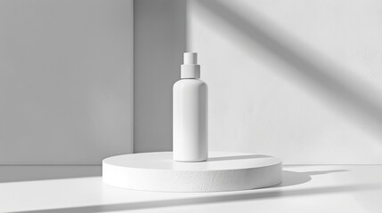 A white bottle placed on top of a white table in a minimalist setting