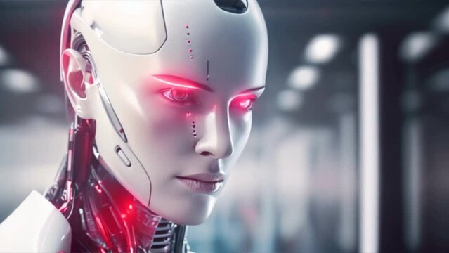 a humanoid AI robot with glowing eyes and a sleek metallic body,
