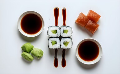 Sushi roll with wasabi and soy sauce