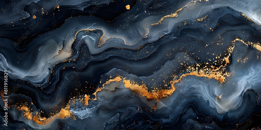 Poster Black Marble Textured Abstract Background with Vibrant Golden Accents and Ethereal Swirling Patterns Creating a Dramatic and Captivating Atmosphere
