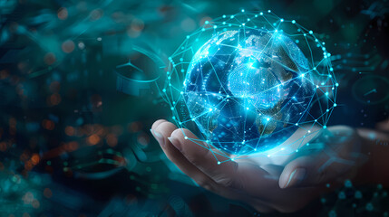 Hands holding circular globe of Earth, containing information and data, in luminous 3D model style,Man holding planet by two hands for earth day and saving energy environment concept 
