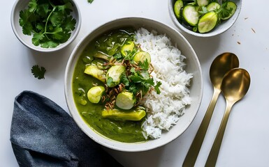 Thai green curry with rice in a bowl