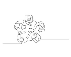 Continuous single one drawing a view from above of workers discussing together. vector illustration design for Business growth strategy concept.