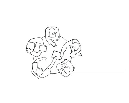 Continuous single one drawing a view from above of workers discussing together. vector illustration design for Business growth strategy concept.