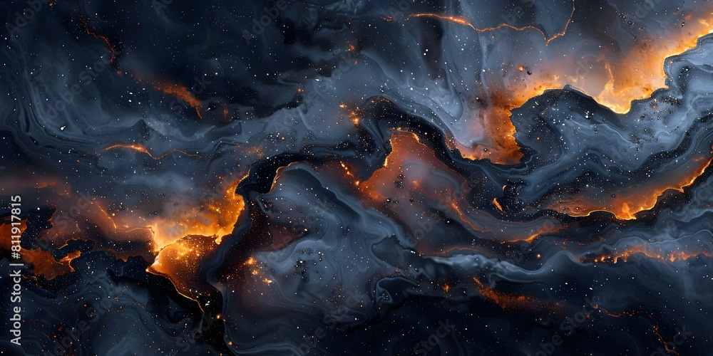Poster fiery marble textures:dynamic geological patterns in moody black,grey and orange tones