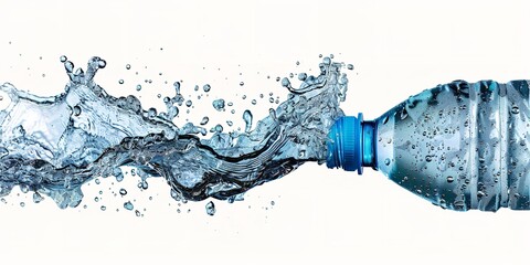 A close shot of water is coming out of a plastic bottle against a gray white backdrop with a big space for text or product advertisement, Generative AI.