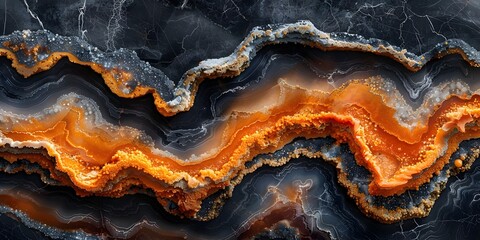 Mesmerizing Black Marble Background with Vibrant Orange and Metallic Accents Showcasing Intricate...