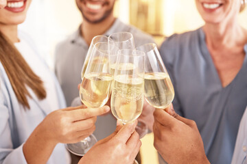 Success, hands and holiday party with toast, champagne and elegant team, Christmas and celebration together. Team, people and cheers for achievement, wine glasses and happiness at event and alcohol