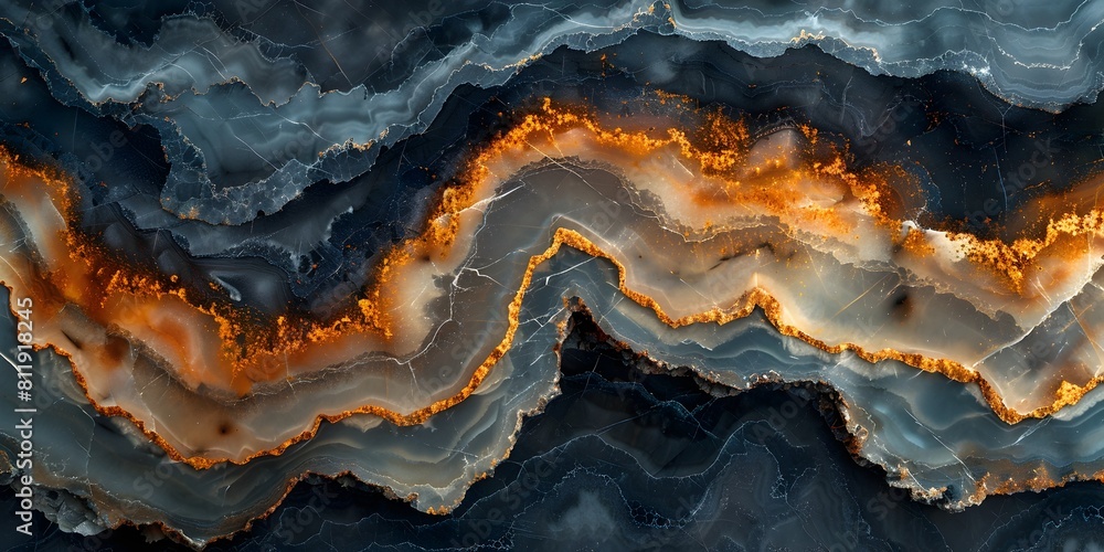 Poster dynamic marble agate landscape with fiery waves and geological structures