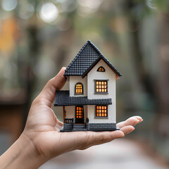 Human hand holds a miniature house or home model, new house, property insurance concept. Mortgage, home loan concept by house in hand