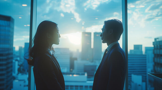 Two asian business professionals, a man and a woman, in a serious discussion against a backdrop of a city skyline at sunrise