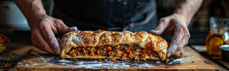 A man is holding a pastry on a wooden cutting board. - Powered by Adobe