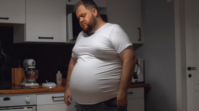 Overweight man standing in kitchen next to counter