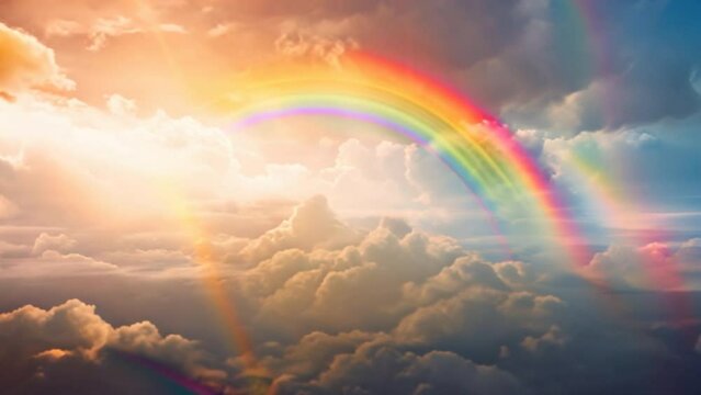 A bright rainbow arcs across a clear blue sky with fluffy white clouds