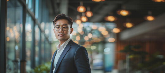 Fototapeta premium Confident Asian businessman in a modern office environment, wearing glasses and a suit, with warm ambient lighting in the background