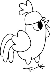 Vector black and white cockerel in hard hat. Construction site worker line illustration or coloring page for kids. Funny builder rooster character. Cute bird repairmen isolated icon .