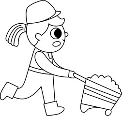 Vector black and white cartoon builder girl running with loaded wheelbarrow. Line repairmen illustration or coloring page for kids. Funny female worker in helmet. Profession icon for children.