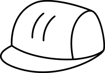Black and white hard hat icon. Construction site workwear line illustration or coloring page. Builder protection helmet picture isolated on white background.