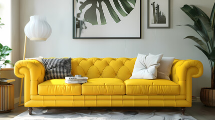 Mockup poster in the living room, the yellow sofa in bohemian style, 3d render, 3d illustration 