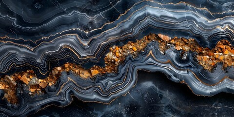 Obraz premium Stunning Rippling Layers of Dark Marble with Warm Metallic Accents,Providing a Captivating and Luxurious Backdrop for Design and Creative Projects