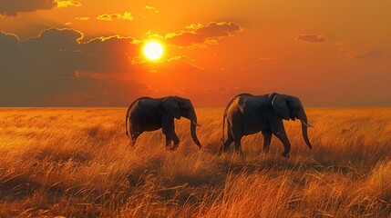elephants walking across a dry grass field at sunset with the sun in the background