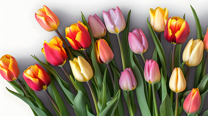 Obraz premium Colorful tulips flowers isolated on transparent background, Top view flat lay. Valentine's, womens, mothers day, birthday or wedding concept. PNG, cutout.