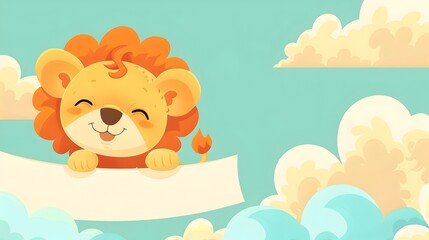 Cute Cartoon Lion Cub Peeking from Fluffy Cloud in Sunny Sky