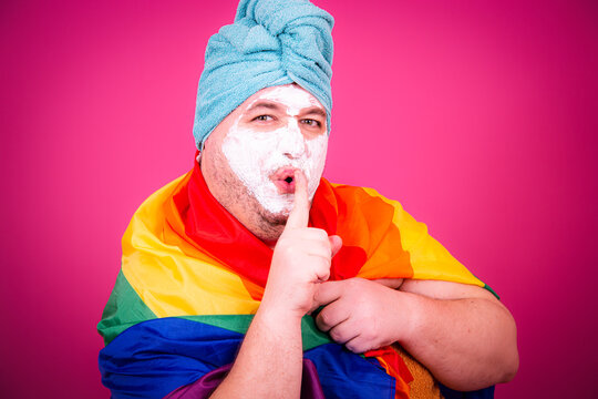 Early morning and preparation for the party. Funny fat man after a shower.