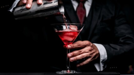 A man in a suit pouring a red cocktail into a martini glass