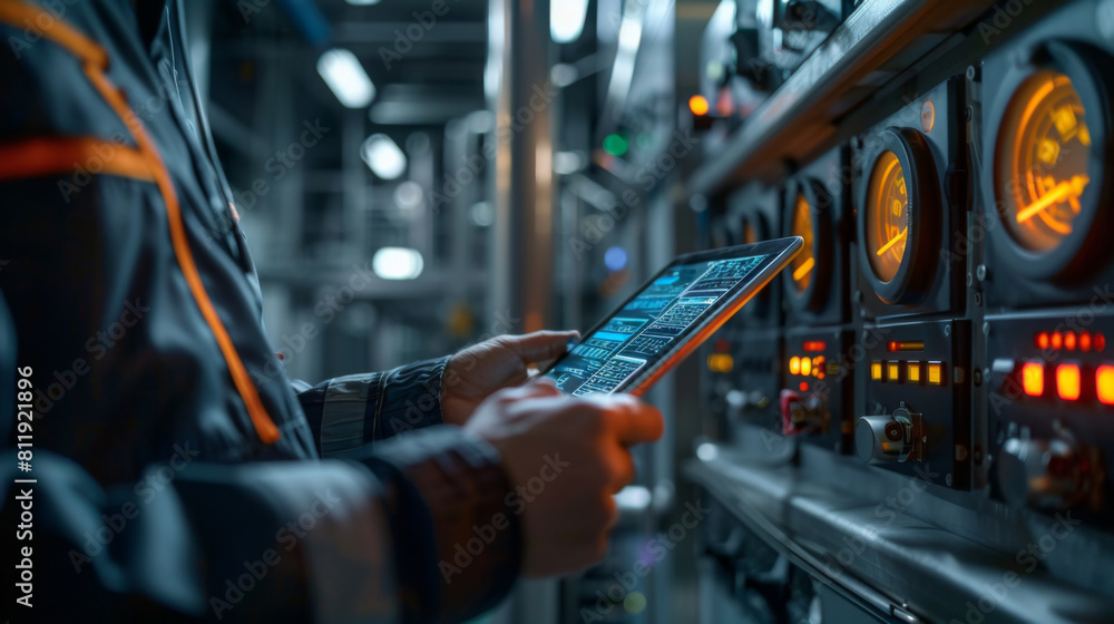 Aufkleber engineer in safety gear using digital tablet to adjust settings on a sophisticated control panel.