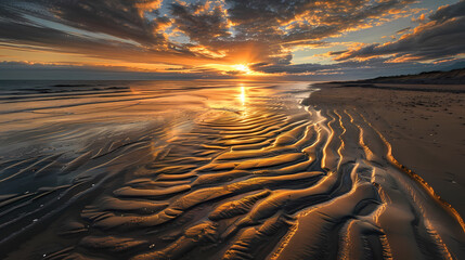 plage de sable avec traces de pas au soleil couchant --ar 16:9