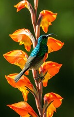 Greater double-collared sunbird (Cinnyris afer) resting on a Dragon's head lily (Gladiolus dalenii).