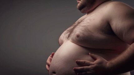 An overweight man standing without a shirt, holding his stomach