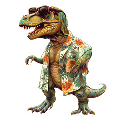 The image shows a Tyrannosaurus Rex wearing sunglasses and a hawaiian shirt