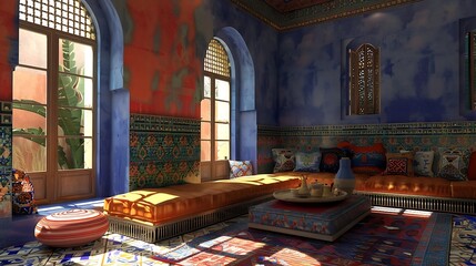 Moroccan riad-inspired living room with vibrant colors, intricate tilework, and a low-slung sofa, creating an exotic and inviting space that transports you to the heart of Marrakech