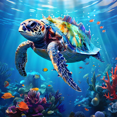 blue sea turtle swimming world ocean day or World Oceans Day, 8 June