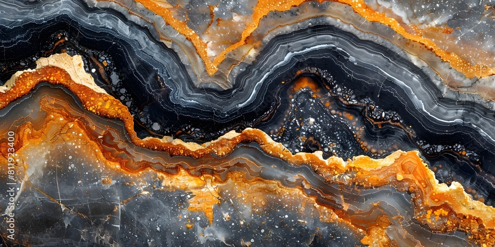 Poster Black and Orange Marble Textured Background with Intricate Patterns and Swirls of Crystalline Formations