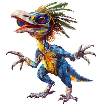 A colorful feathered dinosaur with a long tail and a crest on its head. It has a surprised expression on its face.
