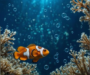 An orange clownfish on a background of blue water, surrounded by colorful coral and bubbles.
