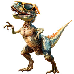 A dinosaur wearing sunglasses is standing on the beach, looking cool and relaxed