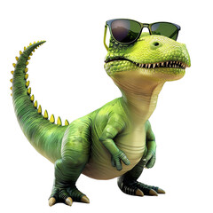 A green dinosaur wearing sunglasses is standing on a white background. The dinosaur is smiling and has its arms crossed.
